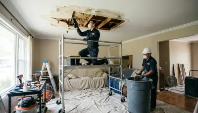 Ceiling water damage repair in Dayton, OH for stained, sagging ceilings after roof leaks