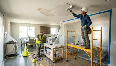 Ceiling water damage repair in Dayton, OH home with stains, sagging, and moisture damage