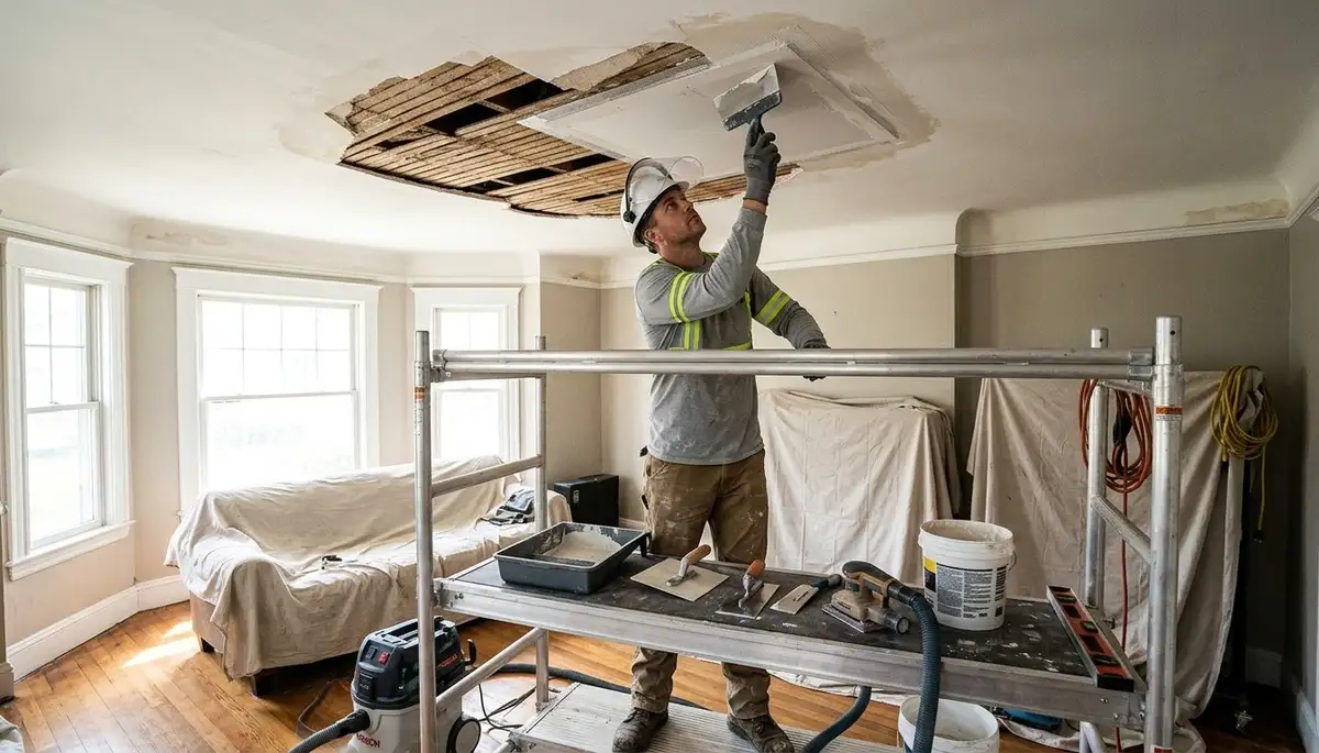 Ceiling water damage repair in Dayton, OH for stained, sagging home ceilings after leaks or storms
