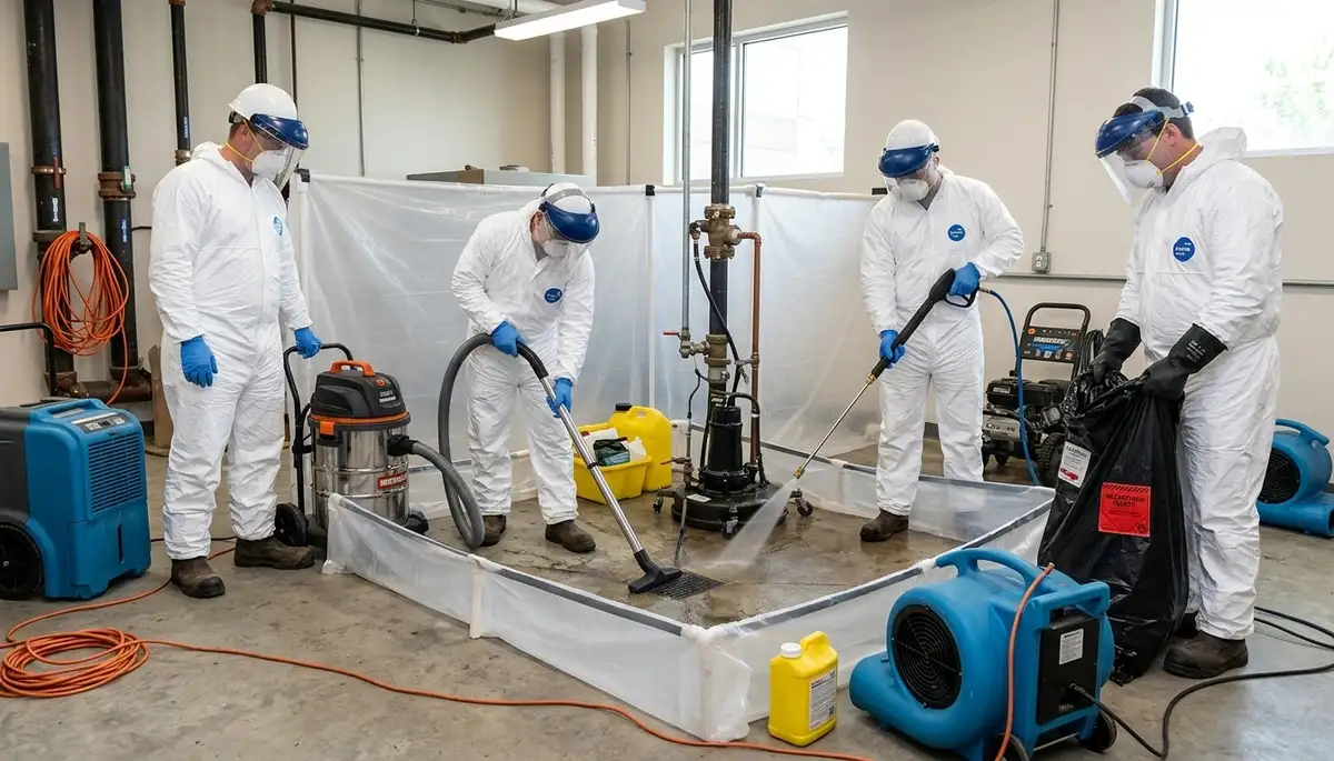 Sewage cleanup crew sanitizing a Dayton, OH home after a sewer backup