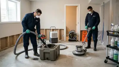 Dayton, OH sewer backup cleanup team inspecting water damage restoration equipment on site