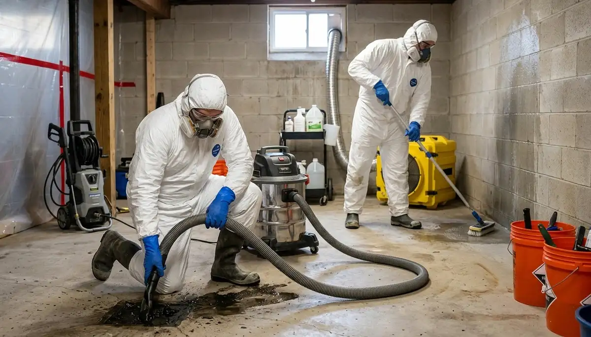 Dayton, OH water damage crew cleaning up sewer backup in a home with professional restoration equipment