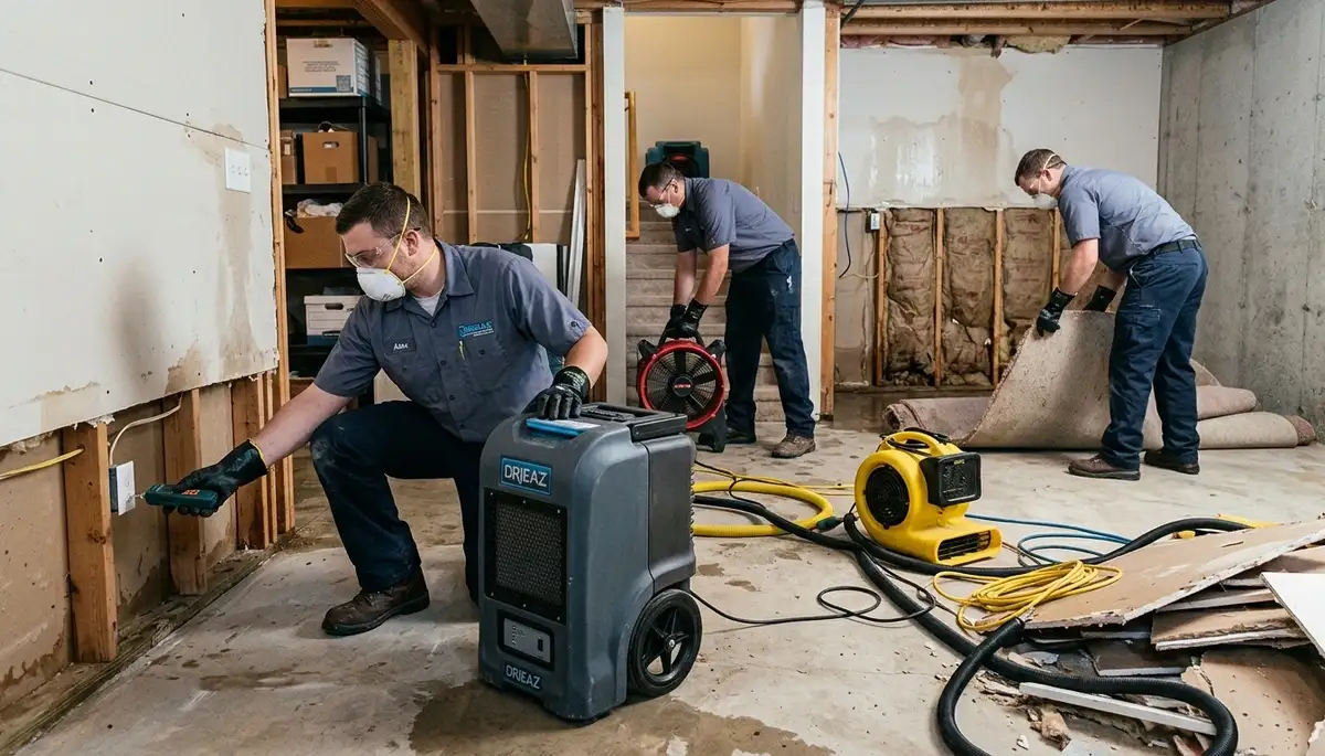 Water damage repair team in Dayton, OH inspecting flood damage in a residential property