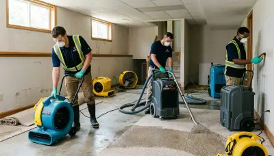 Water damage repair team in Dayton, OH restoring a flooded home and drying interior surfaces