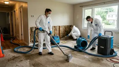 Water damage repair team in Dayton, OH restoring a damaged home and drying floors with equipment