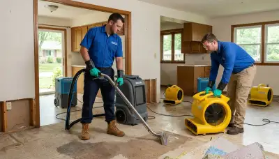 Water damage repair team in Dayton, OH inspecting a flooded home for restoration services