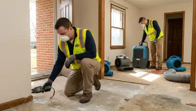 Water damage restoration team in Dayton, OH inspecting a flooded property for repairs