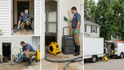 Water damage restoration team in Dayton, OH inspecting a flooded property and beginning cleanup.