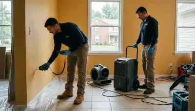 Water damage repair team in Dayton, OH inspecting flood damage in a home