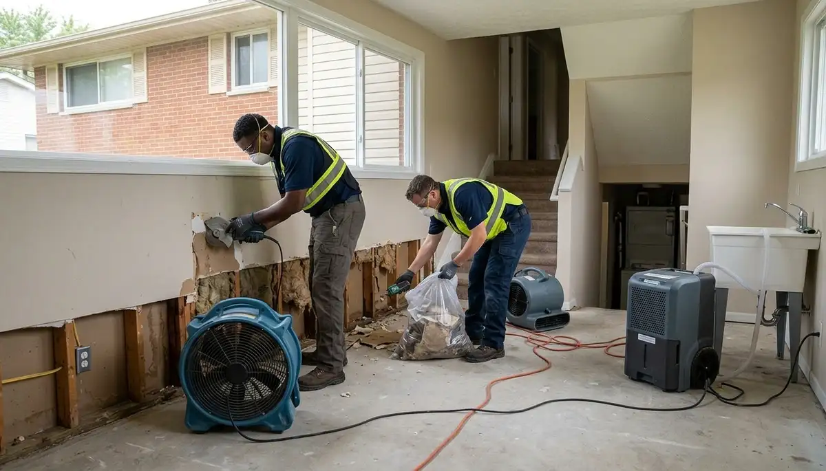 Water damage repair team in Dayton, OH restoring a damaged home after flooding