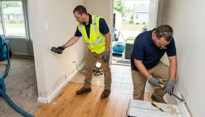 Water damage repair crew in Dayton, OH inspecting and restoring a damaged property