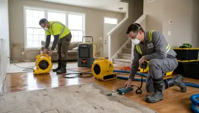Water damage restoration crew serving Dayton, OH inspecting moisture damage in a home