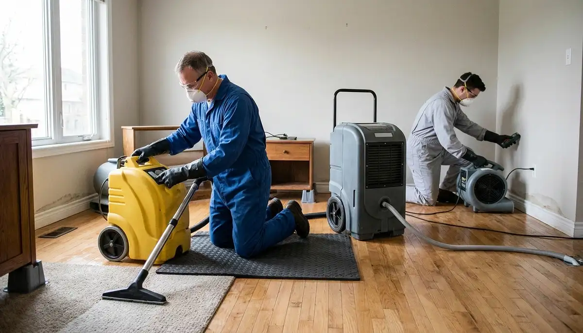 Water damage restoration team in Dayton, OH inspecting flood damage in a home