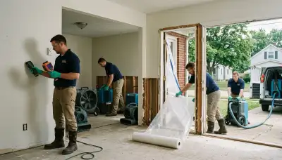 Water damage repair crew in Dayton, OH inspecting cleanup equipment in a damaged home
