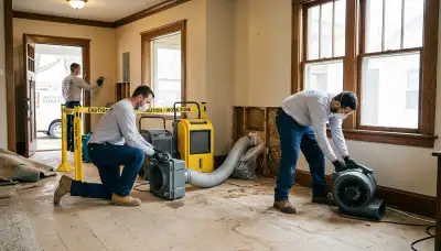 Water damage repair team in Dayton, OH restoring a flooded home and drying damaged floors
