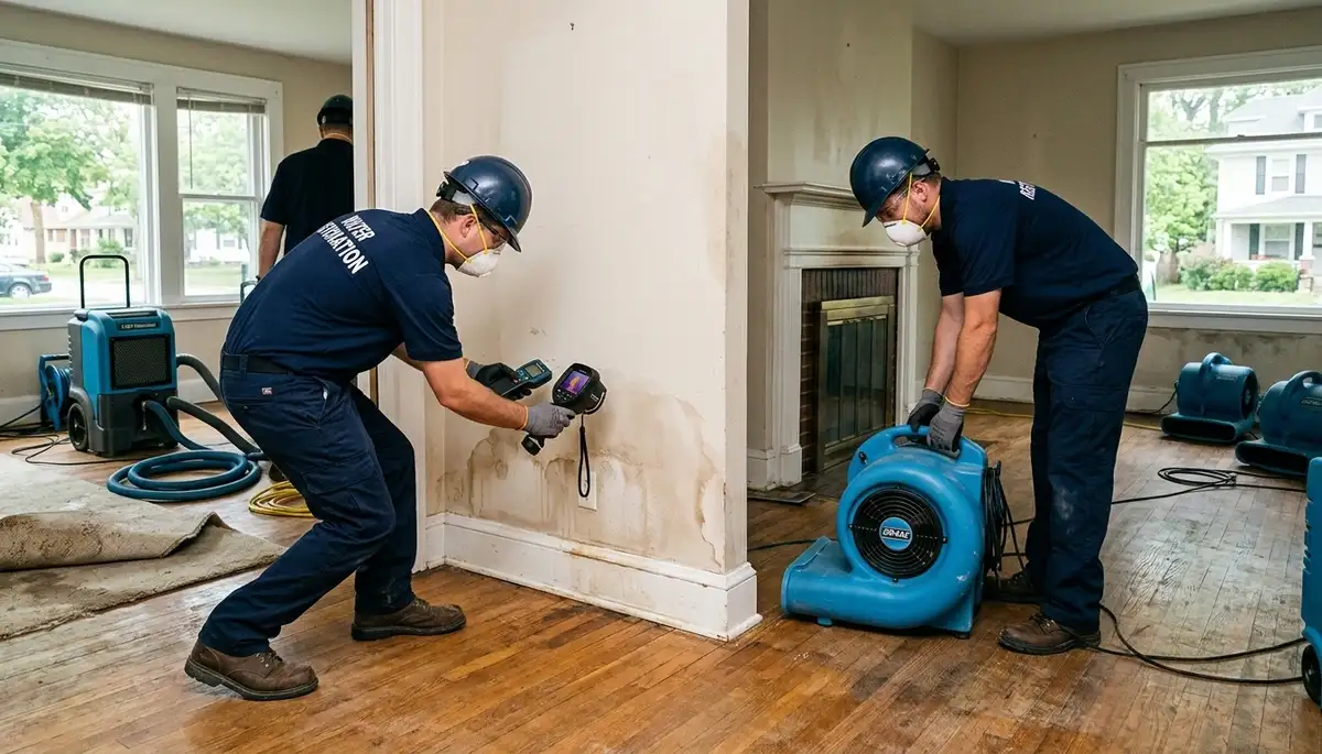 Water damage repair team in Dayton, OH restoring a damaged home interior after flooding